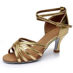 Latein Tanzschuhe Damen Latein Tango Tanzschuhe Ballsaal Salsa Tanzen Schuhe Heels Sandalen Latin Trainning Schuhe Mädchen Schuhe (Gold, 39) von QinMMSPORTS