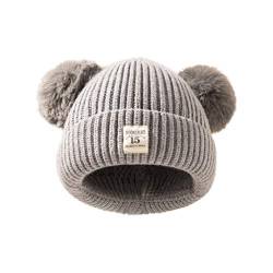 QinMMSPORTS Baby Mütze Kinder Warme Gestrickte Wintermütze mit Zwei Bommeln Perfekt Beanie für Winter und Herbst Winter Warme Rippstrickmütze Bunte Ohren Doppel-Pom-Mütze (Grau, Einheitsgröße) von QinMMSPORTS