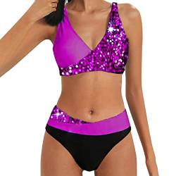 QinMMSPORTS Bikini Set Damen Triangel Breites Unterbrustband Gerippte Bademode Zweiteiliger Badeanzug Elegante Zweiteilige Streifen Pailletten Push Up Tanga Badebekleidung Hoch Geschnittener Bikini von QinMMSPORTS