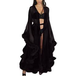 QinMMSPORTS Damen Kimono Nachthemd Transparent Spitze Morgenmantel See-Through sexy Feder Spitze Nacht Robe abgefackelt Hülsenendbereichs Kleid Parteinachtwäsche (Black, Einheitsgröße) von QinMMSPORTS