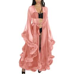 QinMMSPORTS Damen Kimono Nachthemd Transparent Spitze Morgenmantel See-Through sexy Feder Spitze Nacht Robe abgefackelt Hülsenendbereichs Kleid Parteinachtwäsche (Pink, Einheitsgröße) von QinMMSPORTS