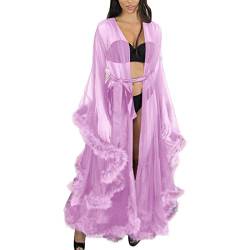 QinMMSPORTS Damen Kimono Nachthemd Transparent Spitze Morgenmantel See-Through sexy Feder Spitze Nacht Robe abgefackelt Hülsenendbereichs Kleid Parteinachtwäsche (Purple, Einheitsgröße) von QinMMSPORTS