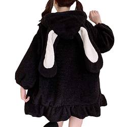 QinMMSPORTS Frauen Cute Bunny Ear Hoodie Langarm Fuzzy Fluffy Rabbit Tops Sweatshirt Kawaii Jacke Mäntel (Schwarz, L) von QinMMSPORTS