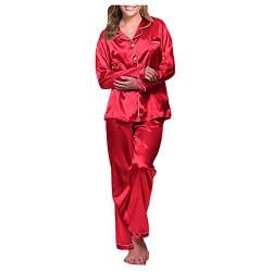 QinMMSPORTS Pyjama Satin Damen Set Schlafanzug Damen Lang Silk Elegant Nachtwäsche Damen Schlafanzug Pyjama Satin Lang Nachtwäsche Set Klassische Loungewear (Rot, L) von QinMMSPORTS