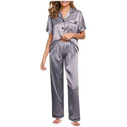 QinMMSPORTS Pyjama Set Damen Langarm Frau Schlafanzug mit Knopfleiste Nachtwäsche PJ Set mit Langarm Shirt Zweiteiliger Nachtwäsche Hausanzug (Silber, L) von QinMMSPORTS