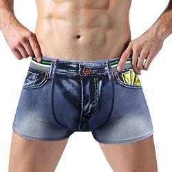 QinMMSPORTS Unterwäsche Herren Denim Bedruckt Boxershorts Lustig Jeansoptik Männer Unterhose Underwear Atmungsaktiv Casual Boxer Slips Baumwolle Trunks Shorts für Männer (Blau-2, XL) von QinMMSPORTS