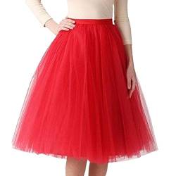 Tüllrock Damen Unterrock Tütü Rock Hohe Taille Elastische Petticoat Tüllrock Orange Party Rockabilly Tüll Rock Midirock Crinolin Karneval Damen 80er Puffy Tüllrock Tütü Röcke (05-Red, Einheitsgröße) von QinMMSPORTS