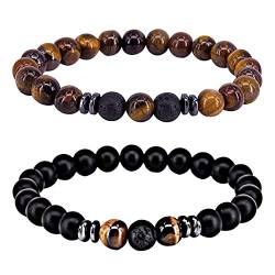 QincLing 2Stück Heilende Chakra Perlenarmband Schutz Obsidian Bracelet Lavastein Armband Onyx Natursteinperlen Tigerauge Stein Kugelarmband Schwarz Vulkanstein perlen 8mm für Glück Wohlstand von QincLing