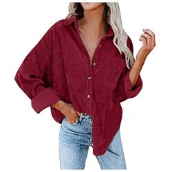 Bluse Damen Cordhemd mit Knopfleiste Damen Oversized Langarm Jacke Bluse Tops Cordhemd Cordjacke Damen Oversize Shirt Frauen Hemdjacke aus Cord Langarm Lose Cordstoff Bluse (A-021, XXL) von QingHUImao