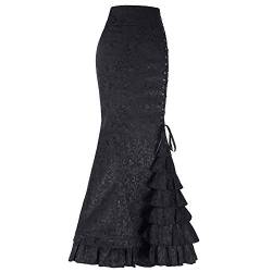 Damen Viktorianischer Steampunk Geraffter Gothic Vintage Lace Up Stufig Rüschen Fischschwanz Meerjungfrau Maxi Rock Frauen Punk Stil Retro Lang Bodycon Rock mit Spitze von QingHUImao