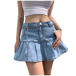 Damen Y2K Jeans Rock Netter Mini Denim Rock Plissee A-Linie Rock 90er Jahre Hoch tailliert Dehnbaren Skater Mini Rock mit Shorts Swing Röcke Sommerrock Kurz Röcke Skirts Beiläufig Y2K Faltenrock von QingHUImao