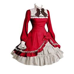 Gothic Kleid Damen Minikleid Retro Vintage Rock Kleider Karneval Party Club Wear Cosplay Kostüm Lolita Dress Damen Vintage Mittelalter Kleid (Red #1, XL) von QingHUImao
