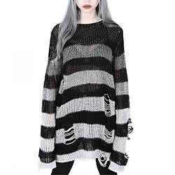 Pullover Damen Punk Gothic Strickpullover Hohlloch Lang Pullover Loses Top Oversize Gestreifter Zerrissene Longpullover Vintage Pulloverkleid Herbst Dünne Oberteile Jumper Tops (A-1, One Size) von QingHUImao