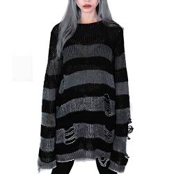 Pullover Damen Punk Gothic Strickpullover Hohlloch Lang Pullover Loses Top Oversize Gestreifter Zerrissene Longpullover Vintage Pulloverkleid Herbst Dünne Oberteile Jumper Tops (A-9, One Size) von QingHUImao