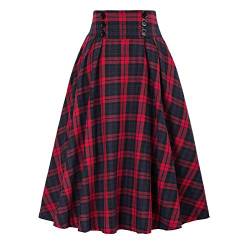 Rock Damen Lang Vintage Plaid Winterrock Warm Elastische Taille A Linie Röcke Casual Rock Hohe Taille Kariert Maxi Rock Eleganter Freizeitrock A-Linie Röcke Gothic Kariert Faltenrock von QingHUImao