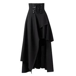 Steampunk Damen Gothic Schwarz Rock Lang Röcke Viktorianisch Steampunk Röcke A-Linie Mittelalter Gothic Rock Damen Renaissance Rock Knielang mit Schnalle vorne kurz, hinten lang, mit Schnürtaille von QingHUImao