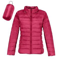 Steppjacke Damen leichte Übergangsjacke mit Kapuze, Damen Übergangsjacke Steppjacke mit Kapuze Daunenjacke Reißverschluss Sportjacke Zip Wärme Freizeit Outdoor Basic Casual Style (1-Hot Pink, XXL) von QingHUImao