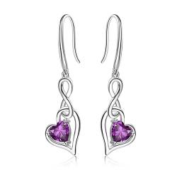 Geburtsstein Unendlich Ohrringe für Damen- Qings 925 Sterling Silber Februar Amethyst Unendlichkeit Herz Zirkonia Baumeln Tropfen Edelstein Ohrstecker Weihnachten Geburtstag Infinity Schmuck von Qings