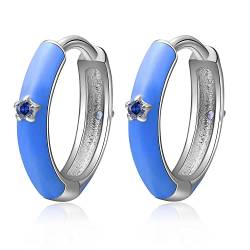 Mini Klein Blau Creolen Ohrringe für Damen - Qings Silber 925 Emaille Bunt Blue Ohrringe Geburtstagsgeschenke von Qings
