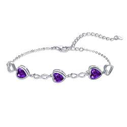 Qings 3 Herz Amethyst Geburtsstein Armband Damen Silber 925 Februar Infinity Unendlichkeit Armkette mit Zirkonia Charms Verstellbar Kristall Armbände Geburtstag Weihnachten Geschenk für Mädchen Ihr von Qings