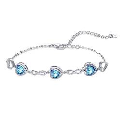 Qings 3 Herz Aquamarin Geburtsstein Armband Damen Silber 925 März Infinity Unendlichkeit Armkette mit Zirkonia Charms Verstellbar Kristall Armbände Geburtstag Weihnachten Geschenk für Mädchen Ihr von Qings