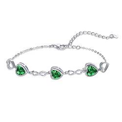 Qings 3 Herz Smaragd Geburtsstein Armband Damen Silber 925 Mai Infinity Unendlichkeit Armkette mit Zirkonia Charms Verstellbar Kristall Armbände Geburtstag Weihnachten Geschenk für Mädchen Ihr von Qings