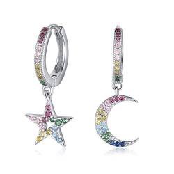 Qings 925 Silber Creolen Damen Asymmetrische Ohrringe Creolen mit Anhänger Mond und Stern Bunte Zirkonia Ohrringe Silber Hoop Dangle Earrings for Frauen und Mädchen von Qings