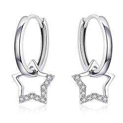 Qings 925 Sterling Silber Star Dangle Creolen für Frauen Funkelnd CZ Charm Small Hoops Hypoallergenes Huggie Ohrring-Geburtstagsgeschenk für Mädchen Teen von Qings