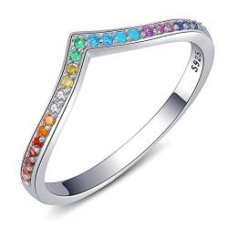 Qings 925 Sterling Silber V-Form Ring, bunte Zirkonia Finger Stapelbar Ring Eheringe Verlobungs Ringe Jubiläum Geburtstags Geschenk für Damen Mädchen von Qings