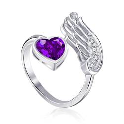 Qings Amethyst Februar Geburtsstein Ringe Sterling Silber Damen Verstellbarer Birthstone Flügel Feder Lila Herz Zirkonia Verlobungsring Eheringe Geburtsstein Schmuck für Frau Freundin Mädchen von Qings