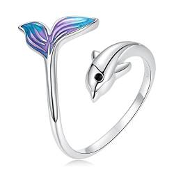 Qings Damen Delphin Meerjungfrauen Schwanz Ring 925 Sterling Silber Verstellbar Offener Fisch Wal Tier Fingerring Geschenk für Mädchen Tochter von Qings