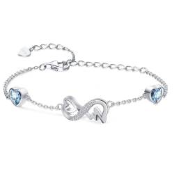 Qings Infinity Armband Damen Sterling Silber Unendlichkeit Herz März Aquamarin Geburtsstein Armbänder Verstellbar EKG Herzschlag Armreif Blau Edelstein Armkette Schmuck Geburtstagsgeschenk für Mädchen von Qings