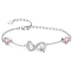 Qings Infinity Armband Damen Sterling Silber Unendlichkeit Herz Turmalin Oktober Geburtsstein Armbänder Verstellbar EKG Armreif Pink CZ Edelstein Armkette Schmuck Geburtstags Geschenk für Mädchen Mama von Qings