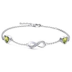 Qings Infinity Armband Damen Sterling Silber Unendlichkeit Liebes Herz Armbänder mit Peridot Geburtsstein Charm Herz Zirkonia Verstellbar Armkette Muttertag Weihnachten Geschenk für Mama Mädchen von Qings