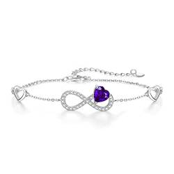 Qings Infinity Unendlichkeit Herz Armband Damen 925 Sterling Silber Februar Amethyst Geburtsstein Armbänder Verstellbar Lila Edelstein Armreif Love Armkette Schmuck Geburtstagsgeschenk für Mädchen von Qings