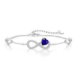 Qings Infinity Unendlichkeit Herz Armband Damen 925 Sterling Silber September Saphir Geburtsstein Armbänder Verstellba Blau Edelstein CZ Armreif Love Armkette Schmuck Geburtstagsgeschenk für Mädchen von Qings