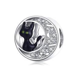 Qings Katze Cat Charm Mond Charms Kompatibel für Armband Armreif 925 Sterling Silber Halloween DIY Schwarz Tier Charme Schmuck Damen von Qings
