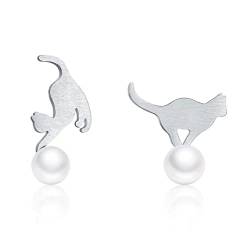 Qings Katze Ohrringe 925 Sterling Silber Damen Katze mit Perle Süßwasserperle Ohrringe Kleine Katze süßes Tier Ohrstecker Geburtstagsgeschenk für Mädchen Teens Frauen von Qings