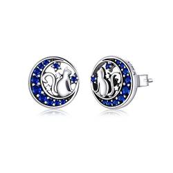 Qings Katze Ohrstecker Klein Sterling Silber 925 Ohrstecker Hypoallergene Ohrringe mit Mond Sterne Blaue Zirkonia Ohrstecker Geschenke für Mädchen Frauen Damen von Qings