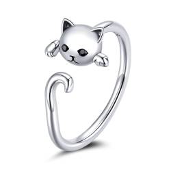 Qings Katze Verstellbarer Ring für Damen 925 Sterling Silber Schwarz Katze Ringe Fingerringe Offener Süß Tier Rings, Schöne Schmuck Katzen Geschenk für Frauen Mädchen Frauen von Qings