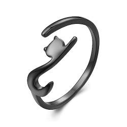 Qings Katze Verstellbarer Ring für Damen 925 Sterling Silber Schwarz Katze Ringe Offener Süß Tier Rings, Schöne Schmuck Katzen Geschenk für Frauen Mädchen Frauen von Qings