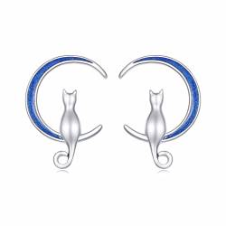 Qings Mond Katze Ohrringe Ohrstecker für Damen 925 Sterling Silber Blau Halbmond Süße Katze Tier Ohrstecker Geburtstag Geschenk für Frauen Mädchen von Qings