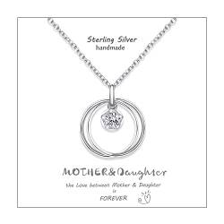 Qings Mutter Tochter Halskette 925 Sterling Silber 2 Kreise Anhänger Halskette Einzel Zirkonia Damen Kette Geburtstags Muttertag Geschenk für Mutter Tochter von Qings