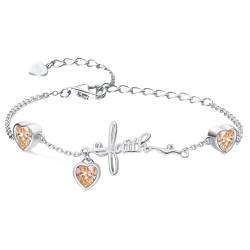 Qings November Citrin Geburtsstein Armband mit 3 Herz Zirkonias Sterling Silber 925 Verstellbare Kreuz Glaube Armbänder für Mädchen Damen Geburtstag Weihnachten Geschenk von Qings