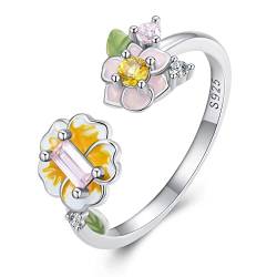 Qings Offener Ring mit glänzender Blume 925er Sterlingsilber Rosa Gelb Blühende Blumen grüne Blätter verstellbarer Ring für Frauen und Mädchen von Qings