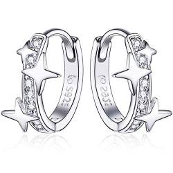 Qings Ohrringe Creolen Damen,Huggie Ohrringe 925 Sterling Silber mit Sternen Zirkonia kreolen silber Klein Earrings Geschenke für Frauen und Mädchen Passt Alltag und Party von Qings