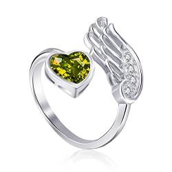 Qings Peridot August Geburtsstein Ringe Sterling Silber Damen Verstellbarer Birthstone Flügel Feder Olivgrün Herz Zirkonia Verlobungsring Eheringe Geburtsstein Schmuck für Frau Freundin von Qings