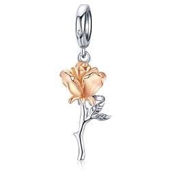 Qings Rose Anhänger Charm Sterling Silber - Rose Vergoldet Blume Charm für Armbänder Halskette, Schmuck Geschenke für Mädchen Frauen von Qings