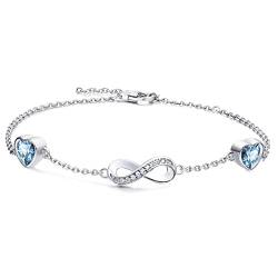 Qings Sterling Silber Infinity Armband Damen Unendlichkeit Liebes Herz Armbänder mit Aquamarin Hellblau Zirkonia Kristallen Verstellbar Armkette Muttertag Weihnachten Geschenk für Mama Mädchen von Qings