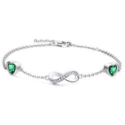 Qings Sterling Silber Infinity Armband Damen Unendlichkeit Liebes Herz Armbänder mit Diopsid Smaragd Zirkonia Kristallen Verstellbar Armkette Muttertag Weihnachten Geschenk für Mama Mädchen Frauen von Qings